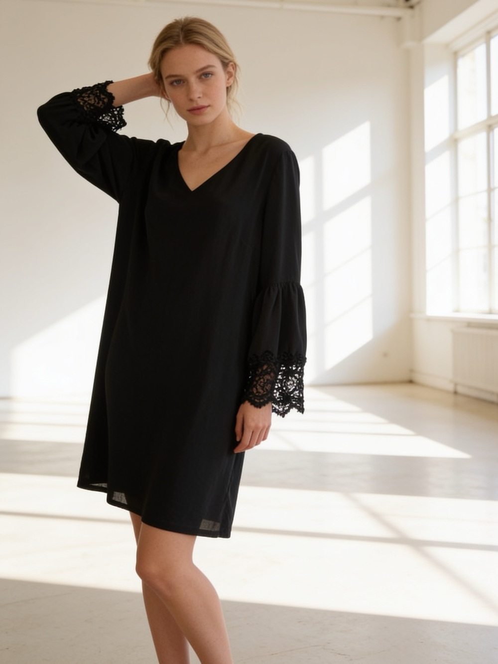 MSK Black Shift Dress V-Neck Lace Bell Sleeves Size L